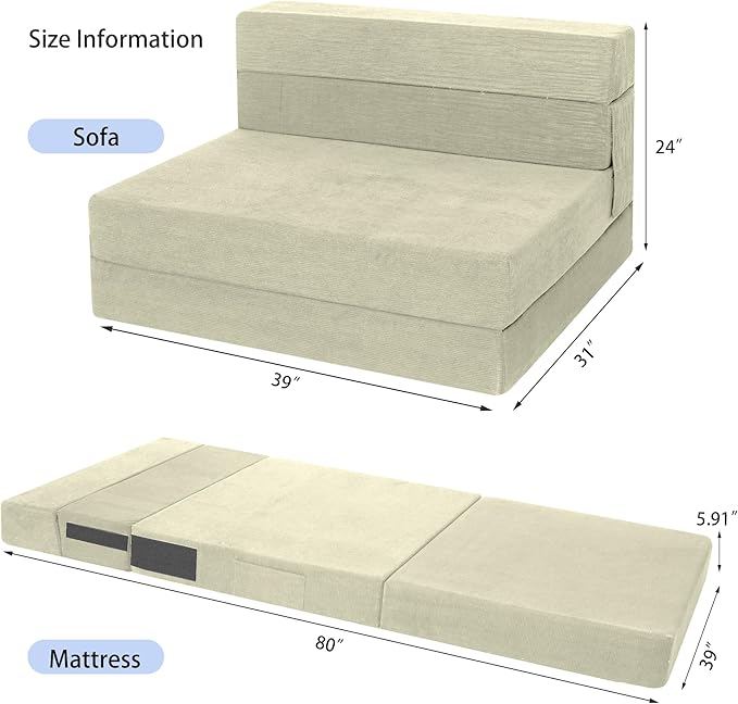 Sofa Bed Foldable Mattress ，Folding Sleeper Sofa Chair Bed Floor Mattress with Pillow for Living Room Home Office (Off White- Corduroy, Twin XL)