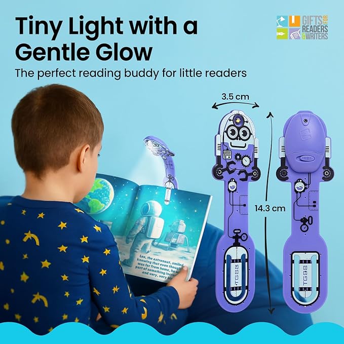 Gifts for Readers & Writers Book Light for Kids, Clip On Reading Light for Bed, 2in1 Flexilight Pals & Bookmark, Small & Lightweight with a Soft Glow, 2 Batteries Included, Robot Purple