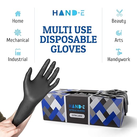 Hand-E Touch Disposable Black Nitrile Gloves Large - 200 Count - Heavy Duty 5 Grams Thick Industrial Grade - Powder Free, Latex Free, Textured Grip, Extra Length Cuff - BBQ, Hot Food Prep, Cleaning