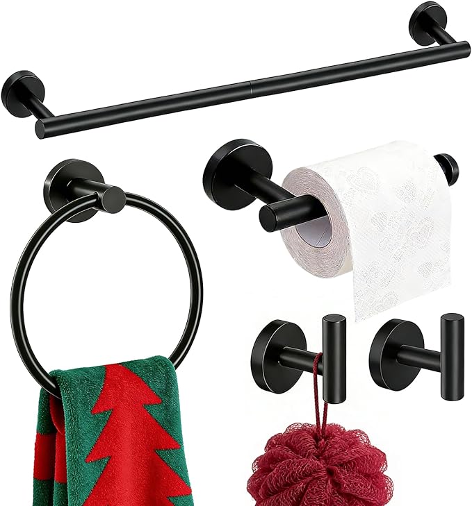 Matte Black 24in Bathroom Hardware Set, Stainless Steel Towel Bar Set, Bathroom Accessories Set Wall Mounted, Towel Racks for Bathroom, Towel Bar, Towel Ring, Robe Towel Hooks, Toilet Paper Holder