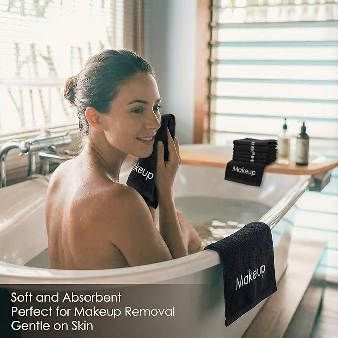 Macarrie 48 Pcs Makeup Towels Gifts Bulk for Women Easter Mother's Day Teacher Employee 12 x 12 Inch Make up Cloth Microfiber Wash Reusable Remover Face Skin Cleaning Soft Absorbent Spa Facial(Black)