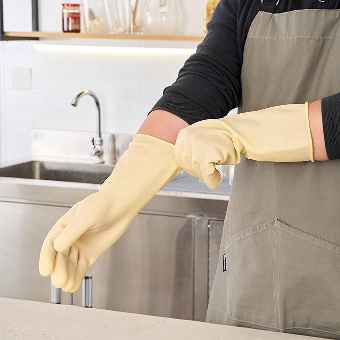 Restaurantware Latex Gloves 10 Count 13 Inch Extra Large Textured Grip Disposable Gloves for Kitchen Safety, 22-Mil Thickness and Long Cuff Yellow Rubber Gloves for Food Preparation and Cleaning