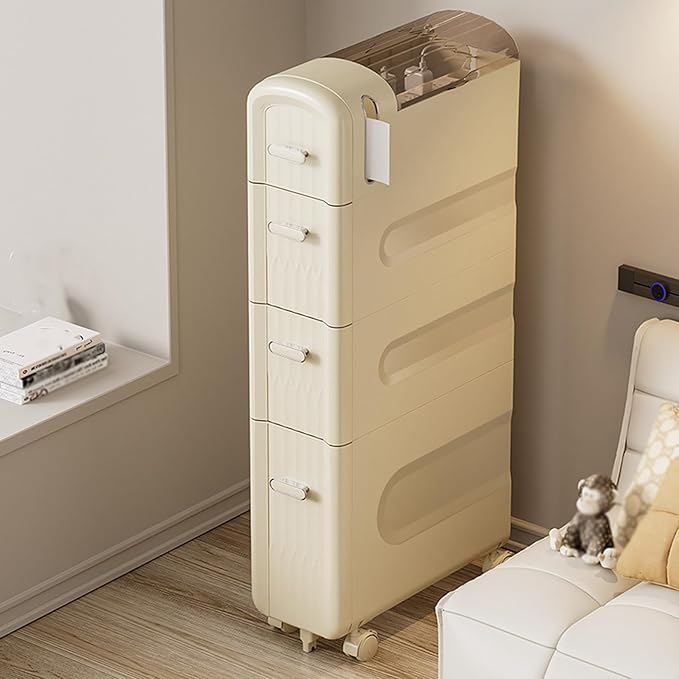 4 Tiers Narrow Slim Bathroom Floor Cabinet,Rolling Storage Cart with Toilet Paper Holder,Slim Bathroom Storage Cabinet for Small Space Kitchen Living Room