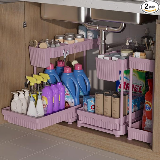 3 Pack Multi-Purpose Under Sink Organizers and Storage, 2026 L-Shaped Pull Out Cabinet Organizer for Bathroom & Kitchen, Under Cabinet Organizer with Hooks Hanging Cup (Pink, 14.85 inch)