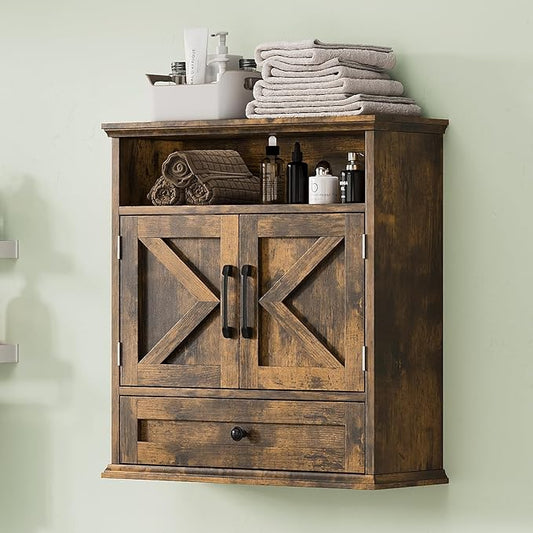 Bathroom Wall Cabinet, Wall Mounted Medicine Cabinet with Drawer, Barn Door & Adjustable Shelf, 24.4"H x 23.6"W x 9"D Rustic Brown Over Toilet Farmhouse Storage Cabinet for Kitchen, Laundry, Entryway