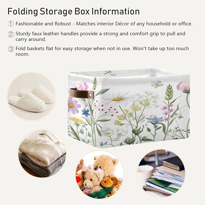 xigua Storage Basket Elegant Wildflowers Storage Bin with Handle, Large Storage Cube Collapsible for Shelves Closet Bedroom Living Room 1PC