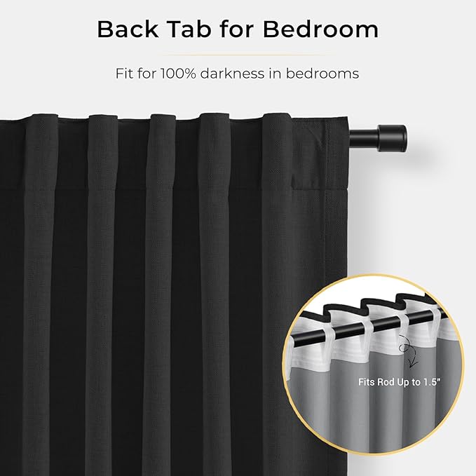 INOVADAY 100% Blackout Curtains for Bedroom, Black Out Curtains 96 Inch Long, Clip Rings Linen Blackout Drapes, Thermal Insulated Room Darkening for Living Room, 1 Panel - Black,W102xL96