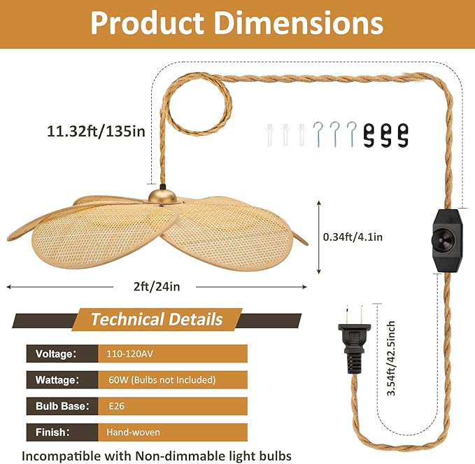 Bamboo Plug in Pendant Light, 24 Inch Flower Handwoven Rattan Lampshade Stepless Dimmable Boho Chandelier, 11.3 ft Plug in Hanging Lamp for Hallway Kitchen Island Dining Room Bedroom(Not Bulb)