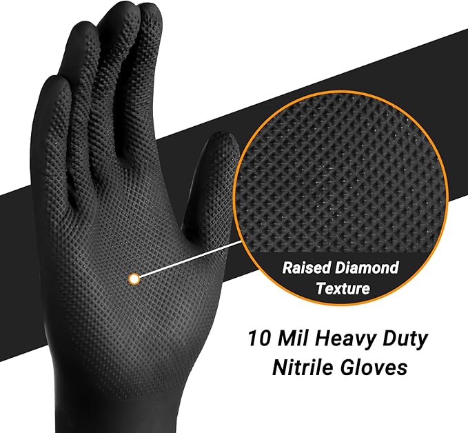 10 Mil Nitrile Gloves XL - 100 PCS Heavy Duty Mechanics Black Disposable Work Gloves for Cooking, Washing Dishes, Gardening, Cleaning, Painting, Chemical Resistant & Oil Resistant