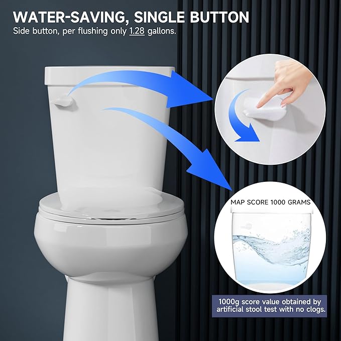 Compact Tall Toilet 19 Inch for Small Bathroom Space 1.28 GPF Tornado Single Flush - Two Piece Comfort ADA High Toilet for Seniors, 19 Inch Bowl Height, 20 Inch Seat Height, 12" Rough In,White