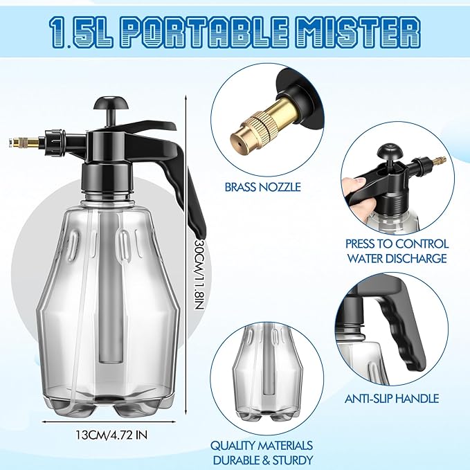 2 Pcs 1.5 Liter Misters Spray Pump Bottle with Full Neoprene Jacket and Built in Carrying Strap Garden Plant Mister Spray Bottle for Spring Personal Cooling Plants Watering (Black)