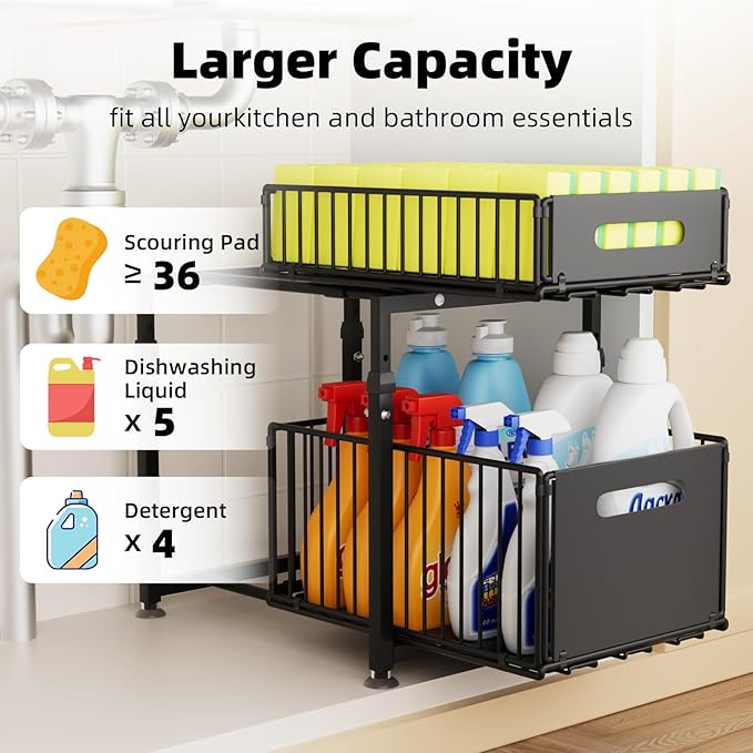 Under sink organizer installed in kitchen cabinet with cleaning supplies
