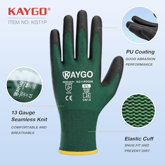 Work Gloves for Men and Women,12 Pairs Seamless Knit PU Coated Safety Gloves, with Smooth Grip on Palm and Fingers, Ideal for Light Warehouse, Manufacturing, Gardening, KG11P (S,Dark Green)