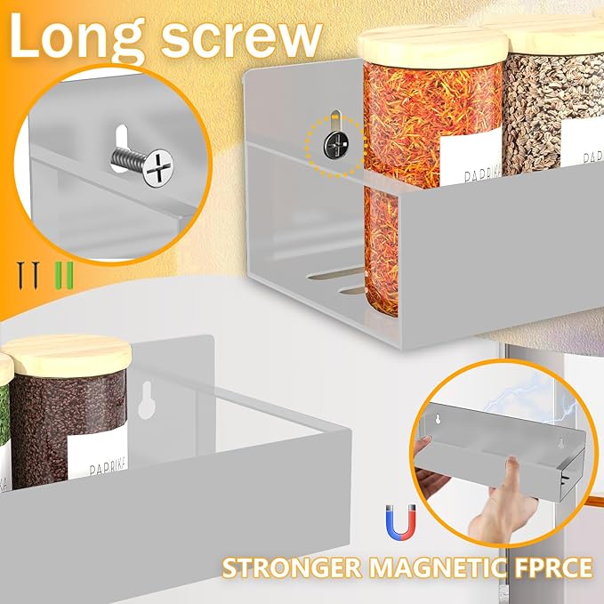 Magnetic Spice Rack Organizer for Fridge Seasoning Organizer for Kitchen storage with Screw Magnetic Shelf for Refrigerator and Oven(6pack-Grey)