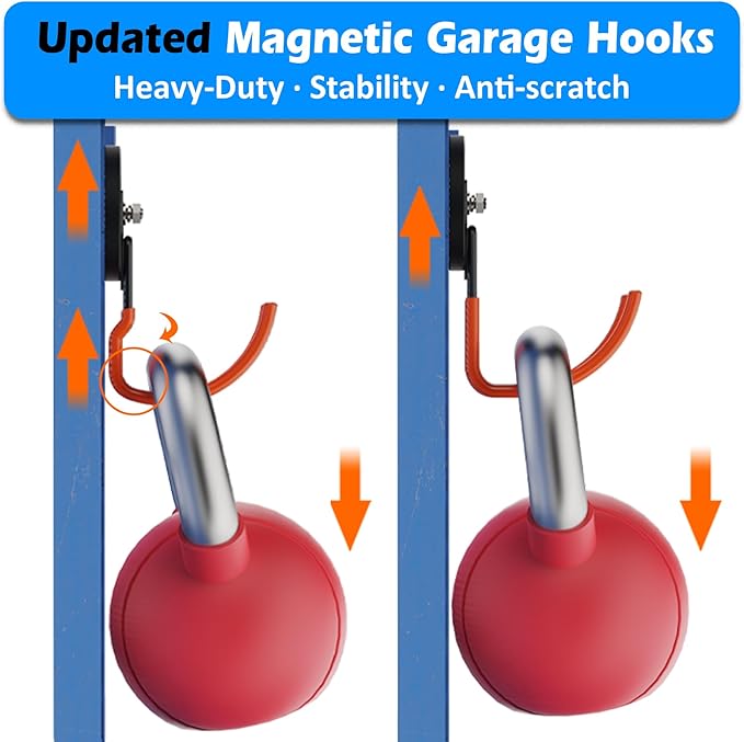 MUTUACTOR New Updated Magnetic Hooks Heavy Duty,40lbs 2Packs Strong Magnetic Hooks for Hanging,Anti-Scratch Rubber Coated Magnets J-Hook for Organizing Heavy Impact Drivers Trailer Cord Garden Tools