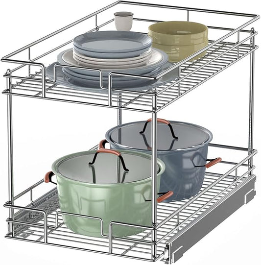 LOVMOR 2-Tier Cabinet Organizer, 20" W x 21" D Pull Out Drawer for Base Cabinet, Chrome Home Organizer, Silver