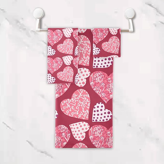 Pink Plaid Hearts Towels Set of 3 Romantic Love Dot Spring Bathroom Towel Soft Absorbent Bath Hand Towels Washcloth Guest Towel Sets Mother's ValentineDecorations