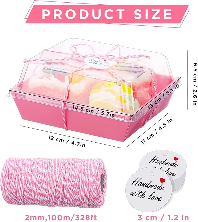 Outus 100 Pack Charcuterie Boxes with Clear Lids, 5.7 x 5.1 '', Mother 's Day Back to School Paper Food Containers Cake Take out Bakery Boxes with Gift Tags Rope for Desserts(Pink,Classic)