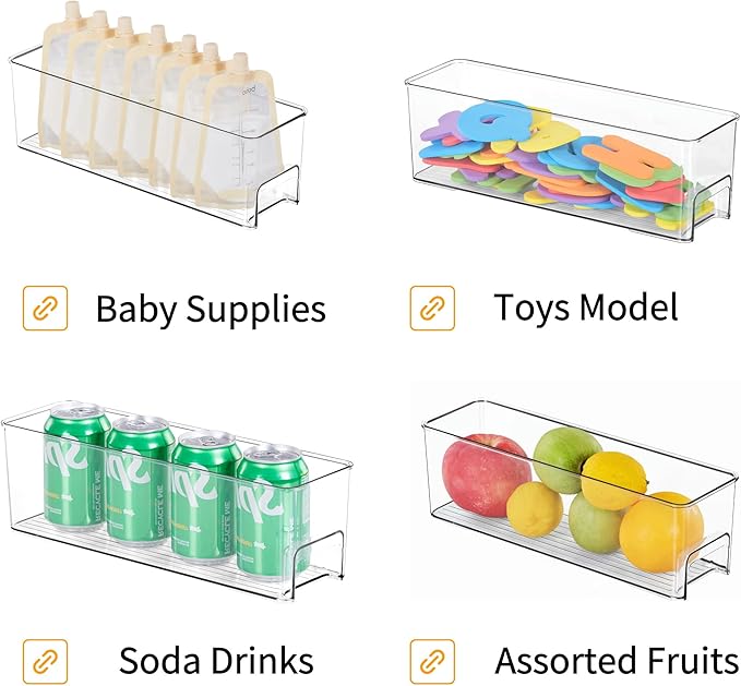 vacane 14.8'' Long Breastmilk Storage Container, 2 Pack Clear Narrow Fridge Organizer Refrigerator Bin with Handles, Freezer Organizers for Kitchen, Pantry, Cabinet