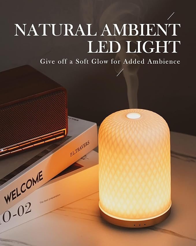 Essential Oil Diffuser - 2.4MHz Ultrasonic Ceramic Diffuser for Home, 110ml, 1/2/3H Mist Timer, Silent (≤25dB), Waterless Auto-Off, Aromatherapy Diffuser with USB Cable