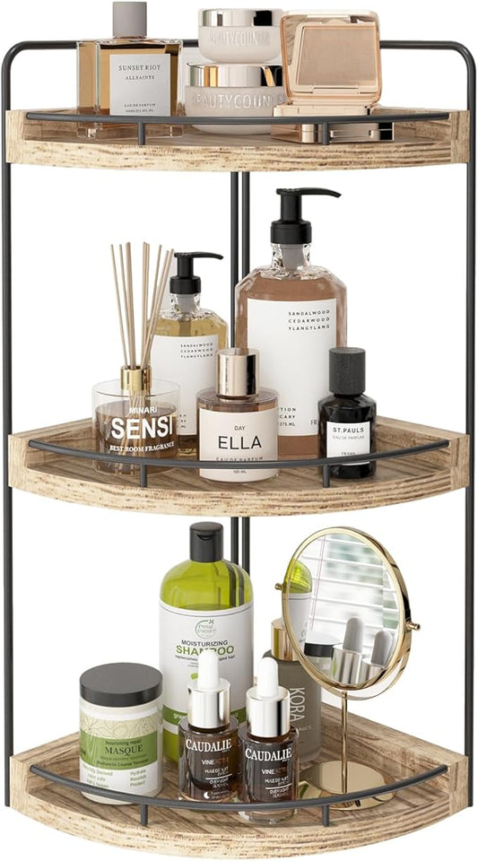 Fixwal Bathroom Counter Organizer, 3 Tier Rustic Bathroom Shelves Corner Organizer, Wood Countertop Storage Tray for Vanity, Kitchen, Bedroom (Light Brown)