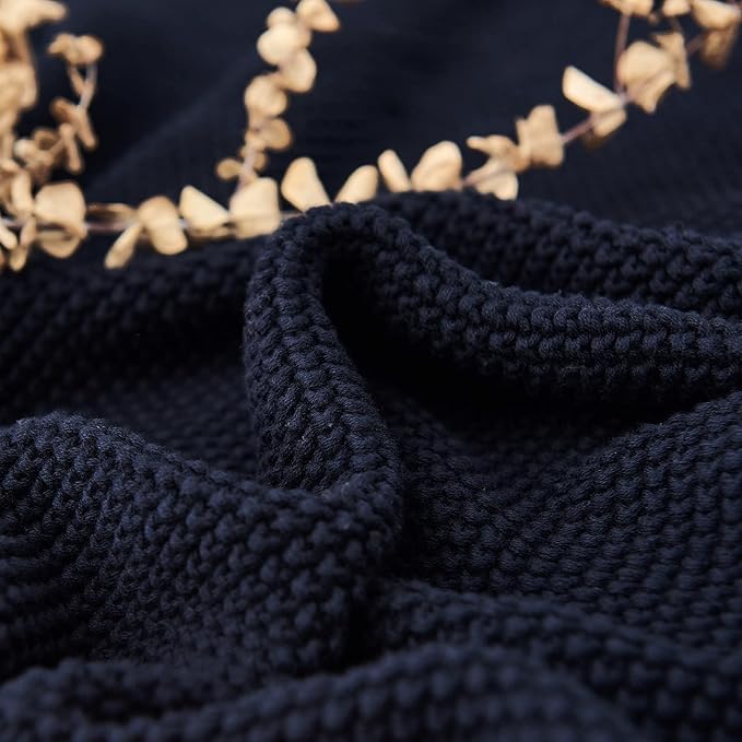 Longhui bedding Dark Navy Blue Cotton Cable Knit Throw Blanket for Couch Sofa Bed, Lightweight Home Decorative Throws, Bonus Laundering Bag, 50“ x 60” Machine Washable