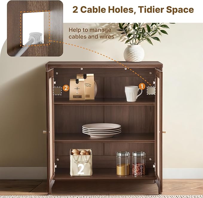 Rattan Sideboard Buffet Cabinet 2 Door Boho Kitchen Storage Cabinet Accent Console for Living Room, Hallway, Kitchen, Sideboard, Buffet Table Walnut