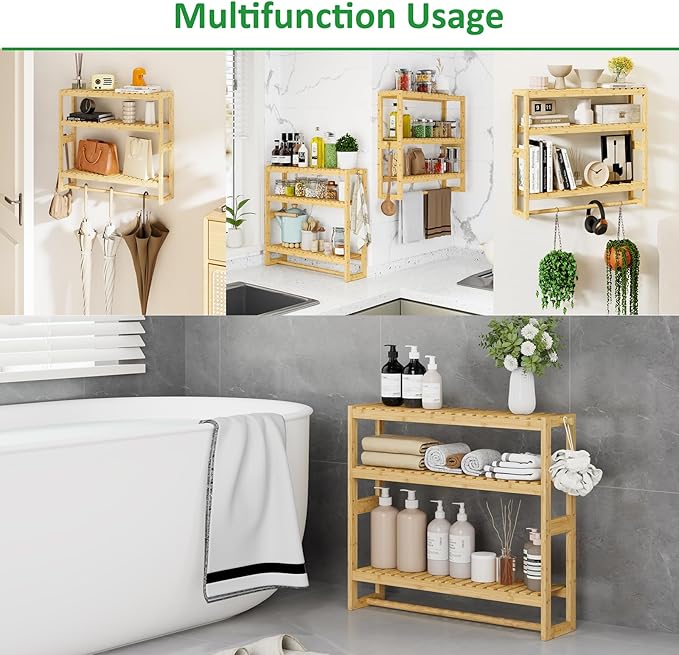 RRX Bathroom Shelf Storage Organizer, Bathroom Shelf 3-Tier Adjustable Layer Bamboo Organizer with Bar, Hanging, Freestanding Over Toilet Utility Shelves, Beige