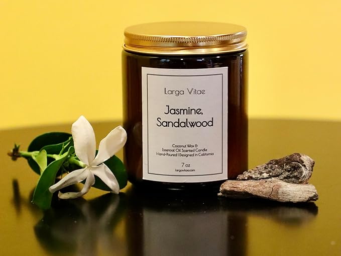 Jasmine, Sandalwood Coconut Wax Candle Non Toxic Aromatherapy Candle with Essential & Prime Rated Natural Fragrance Oils, Clean Burning Amber Jar Candle, 7 oz Small Batch