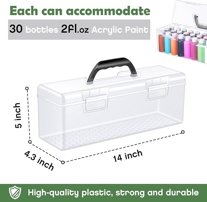 3 Pcs Paint Storage Box for 2 Fl. oz Acrylic Paints, Acrylic Portable Craft art Organizer with Handle, 30 Bottles Capacity Plastic Art Supply Clear Boxes