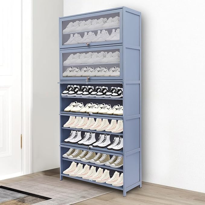 Tall Bamboo Shoe Cabinet with Doors, 10 Tier Large Capacity Shoe Rack Organizer, Narrow Freestanding Storage Shelf for Entryway, Hallway & Closet, Holds 40-45 Pairs (Grayish Blue)