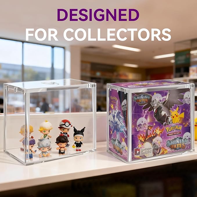 PKMN Booster Box Case, 8mm Ultra Thick Acrylic Protector with Magnetic Lid, Stackable Clear Display Box for Trading Card Collection