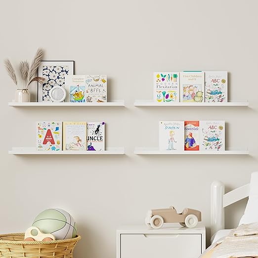 BYCY Metal Floating Shelves Set of 4,23.6 inch Floating Bookshelves for Wall Mounted,Wide Magnetic Book Display Wall Shelves for Classrooms Kitchen Bedroom Room Decor (White)