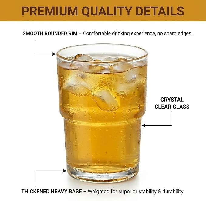Stackable Drinking Glasses Set of 6 - 13oz Clear Glass Tumblers