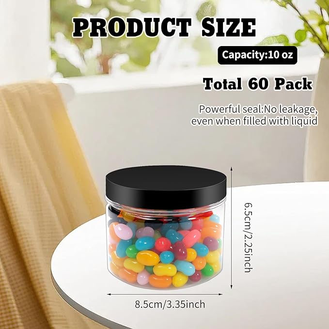60 Pcs 10 oz Clear Plastic Jars Containers Cylinder Round Containers Airtight Screw Wide Mouth Storage Jars with Lids for Food Kitchen Honey Butter Cosmetics(Black,Brown)