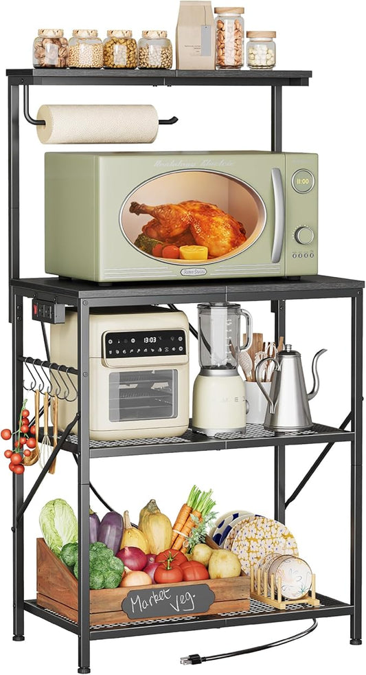 Huuger 4-Tier Bakers Rack with Reversible Power Outlet, 23.6 Inch Microwave Stand with Paper Towel Holder, Kitchen Bar, Larger Storage with Top Shelf, 6 S Hooks, Black