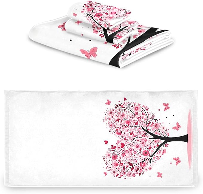 Pink Flowers Heart Tree Towels Set of 3 Romantic Love Spring Trees Butterfly Bathroom Towel Soft Absorbent Bath Hand Towels Washcloth Guest Towel Sets Mother's Valentine's Day Decorations