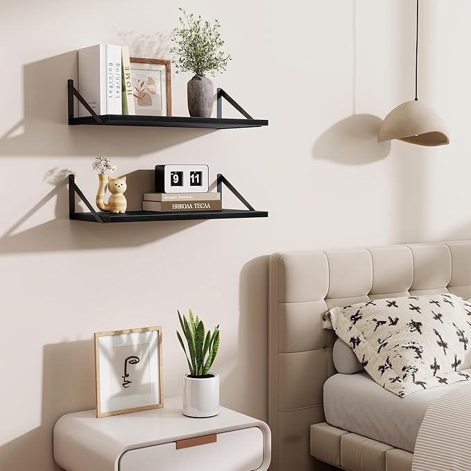 Deep Floating Shelves,24" Wx10 D Floating Shelf for Wall Set of 2,Hanging Storage Shelf with Metal Brackets,Wide Display Wall Shelves for Living Room,Bedroom,Bathroom,Kitchen,Black