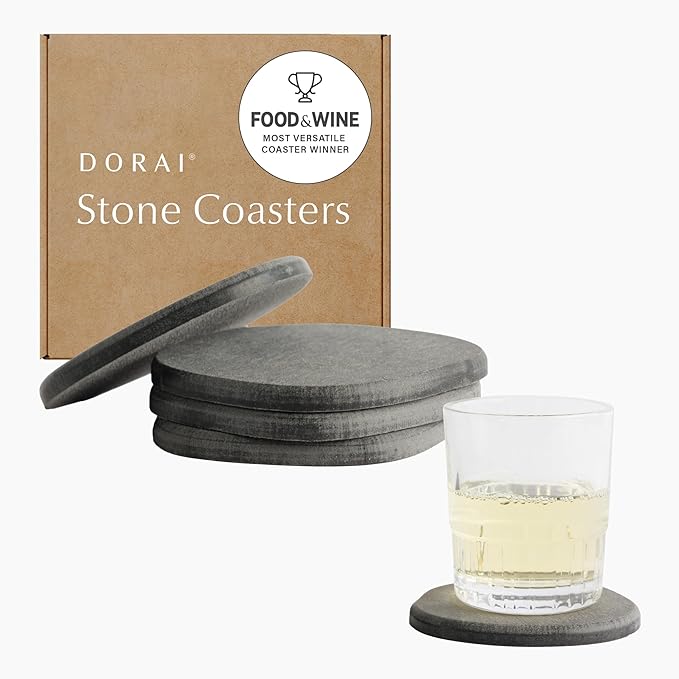 Dorai Home Stone Coaster Set – 4 Absorbent Diatomite Coasters for Instant Drying, Modern Design, Slate