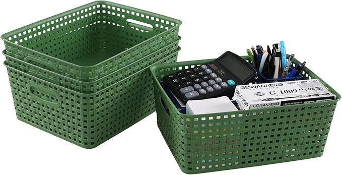 Medium Plastic Baskets for Organizing, Plastic Woven Storage Basket, 4 Packs