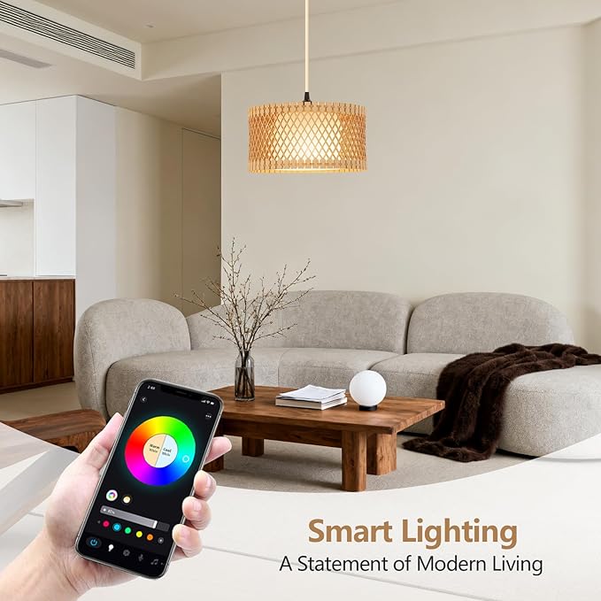Hanging Lamp Plug in Pendant Light, 15FT Hanging Lights with Plug in Cord, Hanging Light with Bulb and Remote, Wood Shade Hanging Lamps for Bedroom, Living Room, Kitchen, Farmhouse