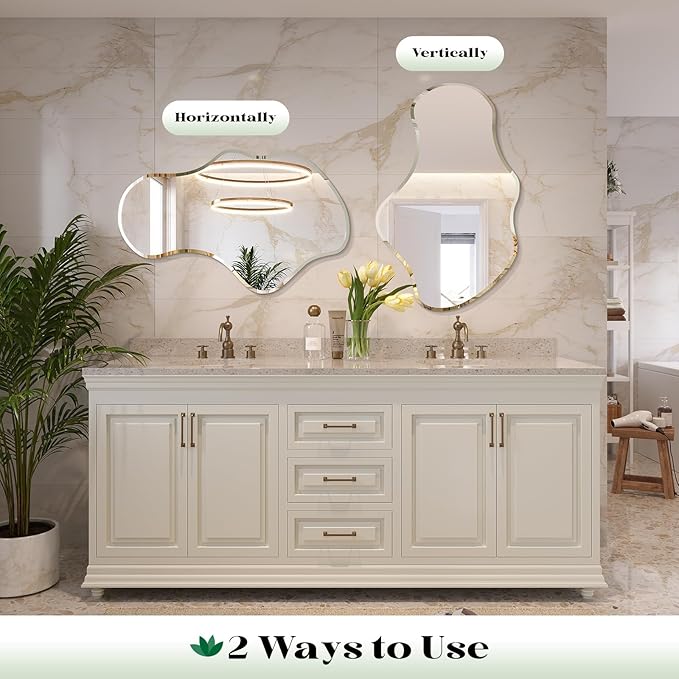 Irregular Wall Mirror, 28”x50” Frameless Asymmetrical Mirror, Beveled Frameless Funky Wavy Wall Mirrors for Entry Way Modern Bathroom Bedroom Living Room