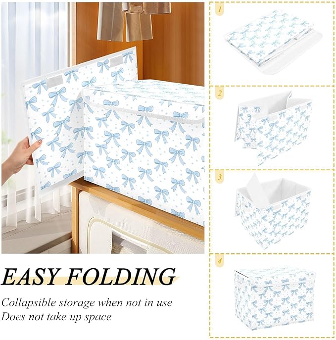 Blue Bows Fabric Storage Bin with Lid, Collapsible Basket with Handles, Shelf Cube Closet Organizer for Home and Bedroom