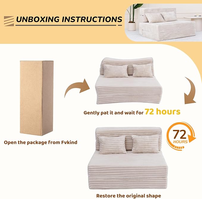 Folding Sofa Bed Twin, Convertible Sleeper Chair with Pillow, Fold Out Couch, High-Density Futon Chair Bed, Foldable Sofa Sleeper Floor Couch for Bedroom Living Room Dorm Guest Room, Beige