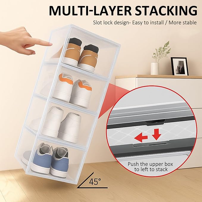 12 Pack XX-Large Acrylic Shoe Organizer Storage Boxes for Closet, Thicken & Sturdy Clear with Magnetic Door, Stackable Sneaker Container Display Case, White, Fits Us Size 15