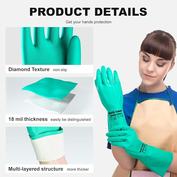 North Tower 10 Pairs Chemical Resistant Nitrile Gloves, Resist Household Acid, Alkali, Solvent and Oil, Latex Rubber Free