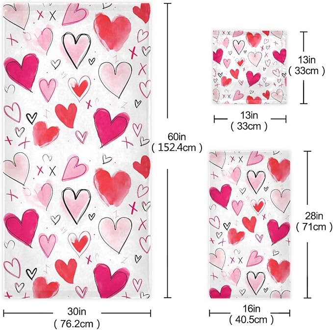 Doodle Romantic Pink Heart Towels Set of 3 Romantic Pink Red Love Spring Bathroom Towel Soft Absorbent Bath Hand Towels Washcloth Guest Towel Sets Mother's Valentine's Day Decorations