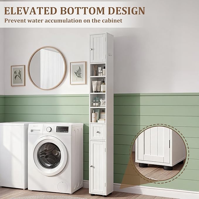Karl home White Narrow Floor Storage Cabinet, Freestanding Storage Unit with 1 Drawers & 2 Doors, Thin Toilet Organizer for Small Spaces，for Entryway, Bathroom