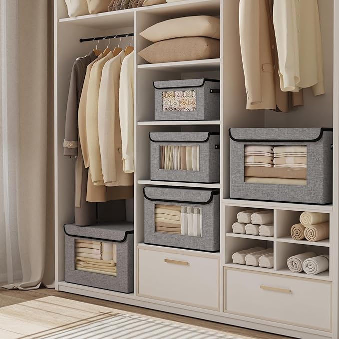Cloth Storage Boxes, Storage Bins with Lids, 17.7 x 11.8 x 11.8 Inch Closet Organizers for Shelves Bedroom Office Organization, Gray, 5-Pack