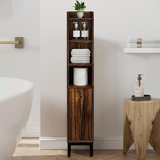 Small Bathroom Storage Cabinet, Corner Floor Cabinet with Door and Shelves, Narrow Toilet Paper Cabinet, Bathroom Organizer with Adjustable Shelf, for Small Spaces (Walnut, 5-Tier)